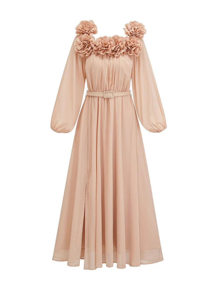 Romantic A - Line Square Neck Lantern Sleeve Belted Back Midi Length Prom Dresses