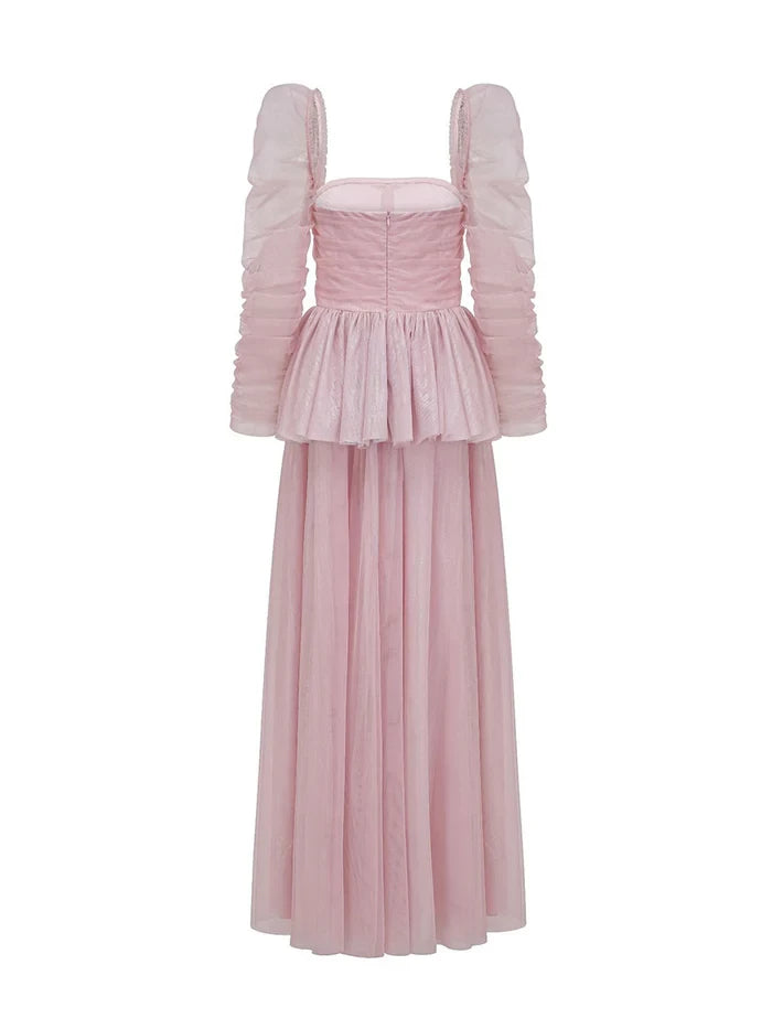Romantic A - Line Square Neck Long Sleeve Zipper Back Floor Length Prom Dresses