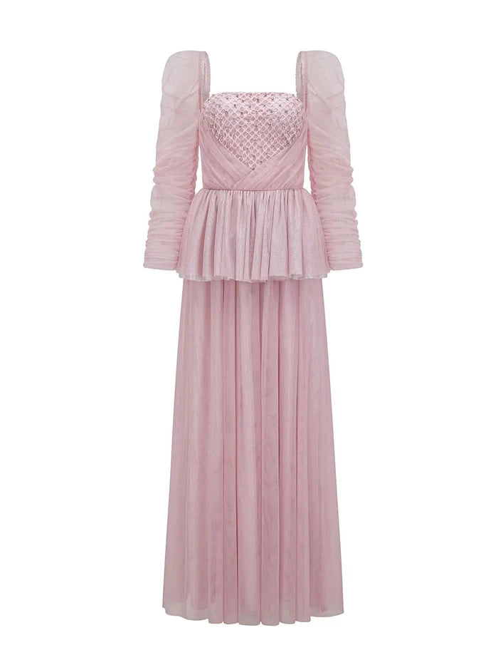 Romantic A - Line Square Neck Long Sleeve Zipper Back Floor Length Prom Dresses