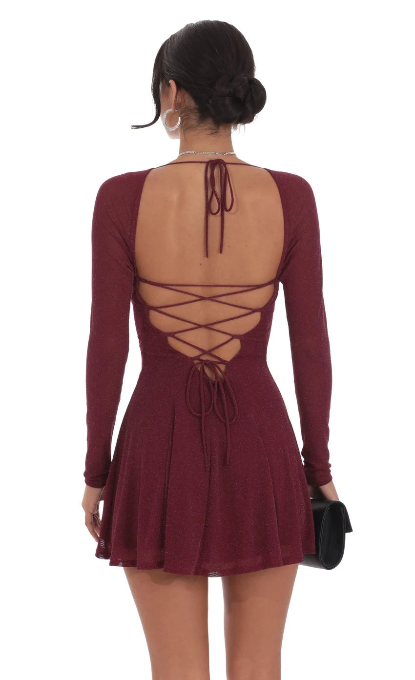 Romantic A-Line Square-Neck Shimmer-Long-Sleeve Lace-Up Back Short Length Homecoming Dresses