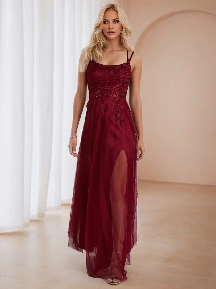 Romantic A - Line Square Neck Sleeveless Criss - Cross Back Long Length Prom Dresses