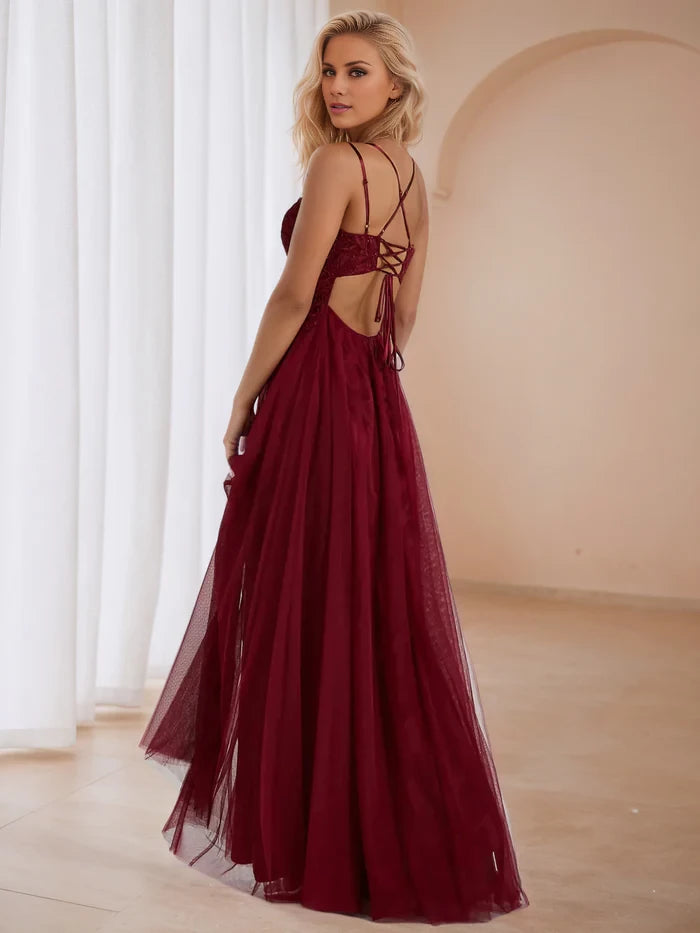 Romantic A - Line Square Neck Sleeveless Criss - Cross Back Long Length Prom Dresses