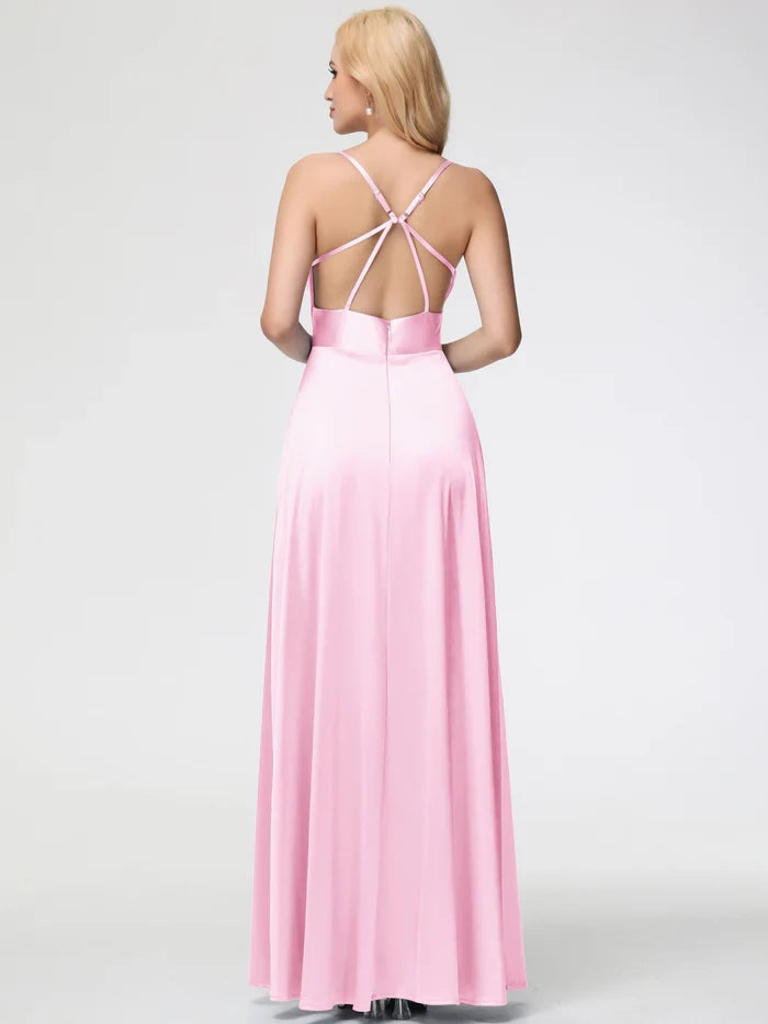 Romantic A - Line Square Neck Sleeveless Crisscross Back Long Length Prom Dresses