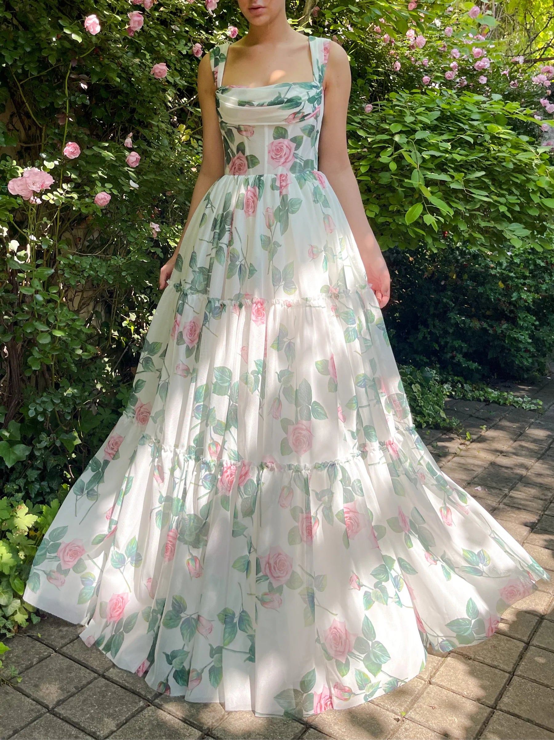Romantic A - Line Square Neck Sleeveless Zipper Back Long Length Prom Dresses