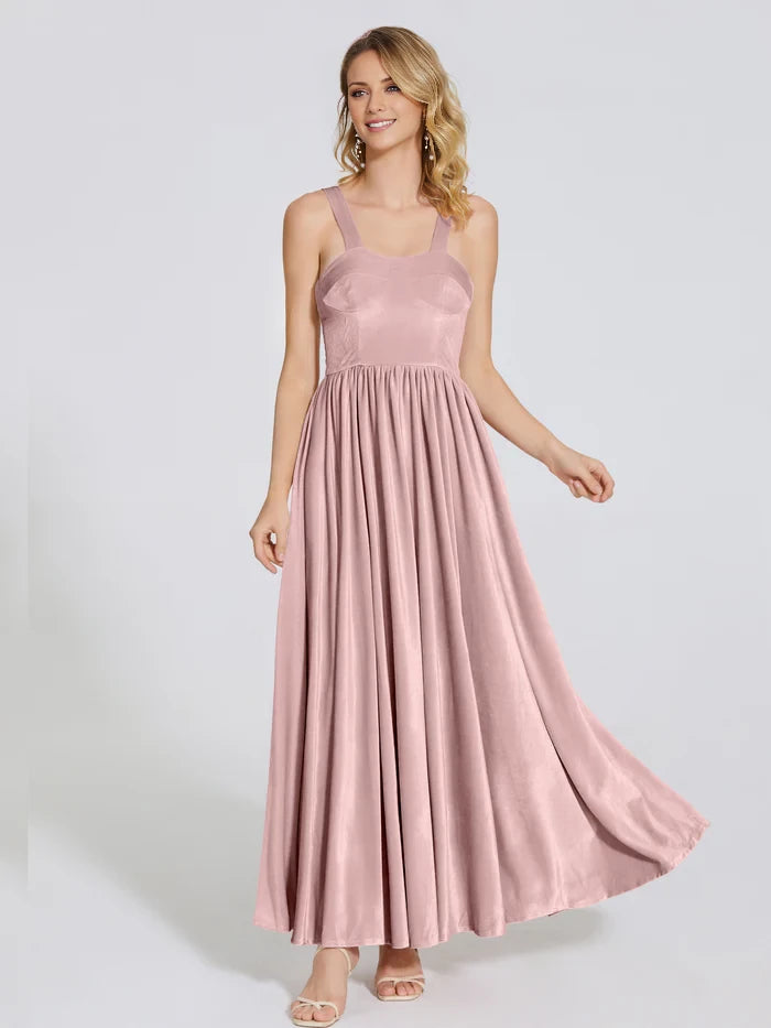Romantic A - Line Square Neck Sleeveless Zipper Back Long Length Prom Dresses