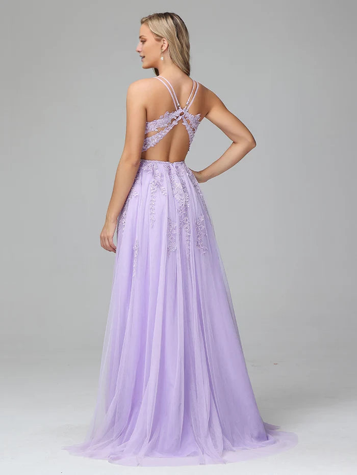 Romantic A - Line Square Neck Spaghetti Strap Lace - Up Back Long Length Prom Dresses
