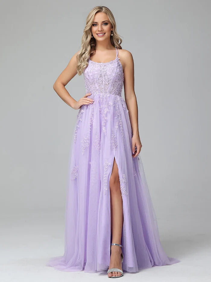 Romantic A - Line Square Neck Spaghetti Strap Lace - Up Back Long Length Prom Dresses