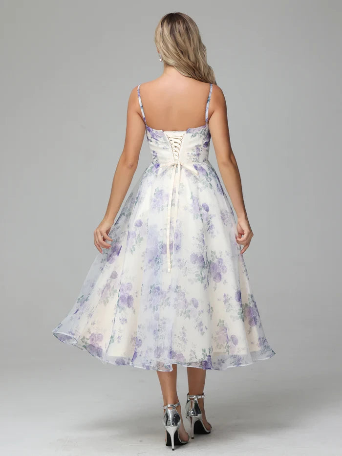 Romantic A - Line Square Neck Spaghetti Strap Lace - Up Back Midi Length Prom Dresses