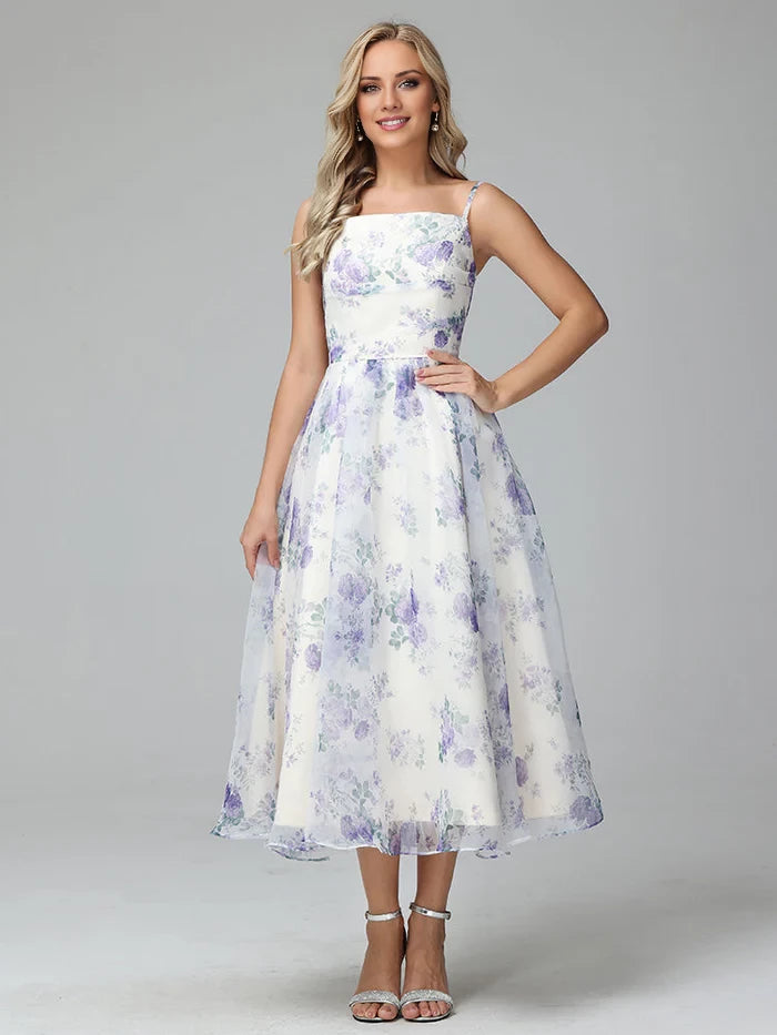 Romantic A - Line Square Neck Spaghetti Strap Lace - Up Back Midi Length Prom Dresses