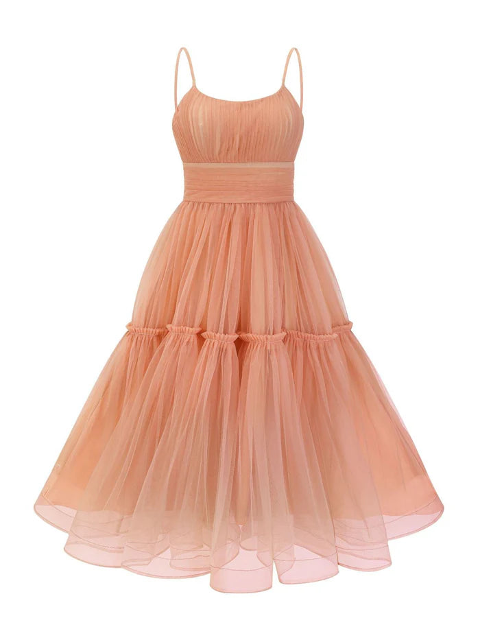 Romantic A - Line Square Neck Spaghetti Strap Zipper Back Midi Length Prom Dresses