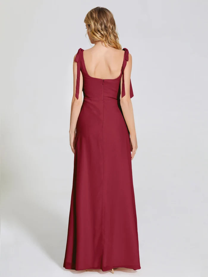 Romantic A - Line Square Neck Tie - Strap Zipper Back Long Length Prom Dresses