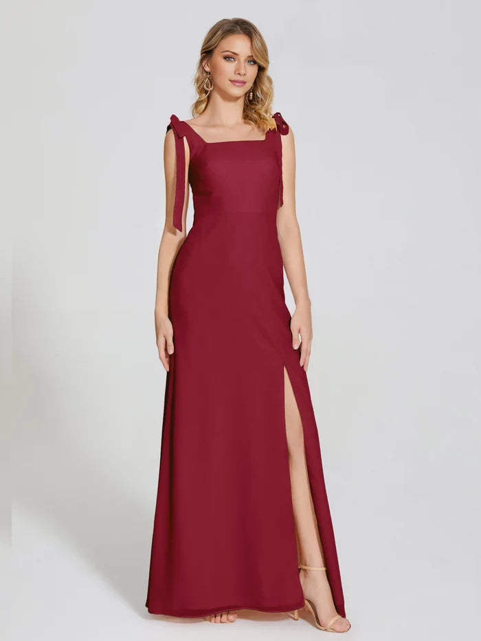 Romantic A - Line Square Neck Tie - Strap Zipper Back Long Length Prom Dresses