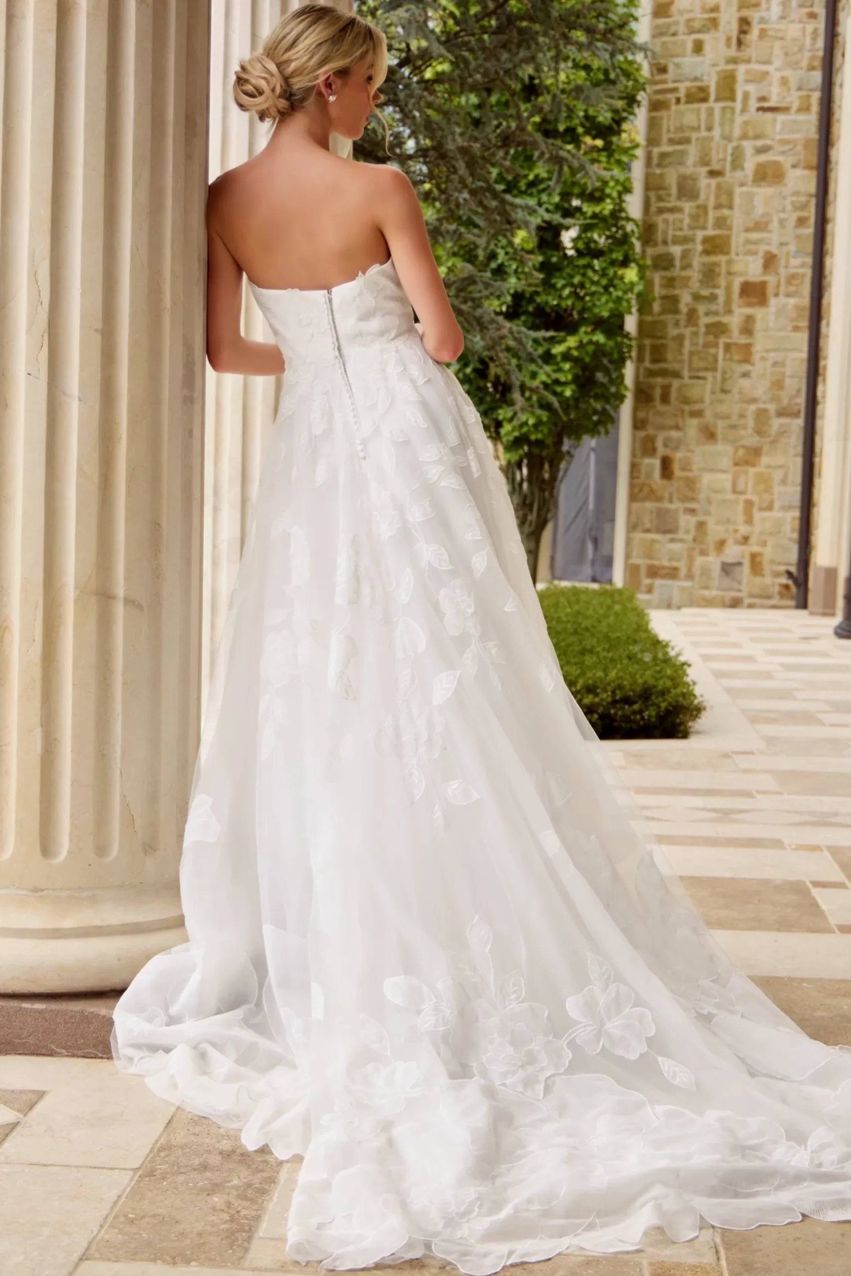 Romantic A-Line Strapless Floral-Embroidered Pearl-Button Back Train Length Wedding Dresses