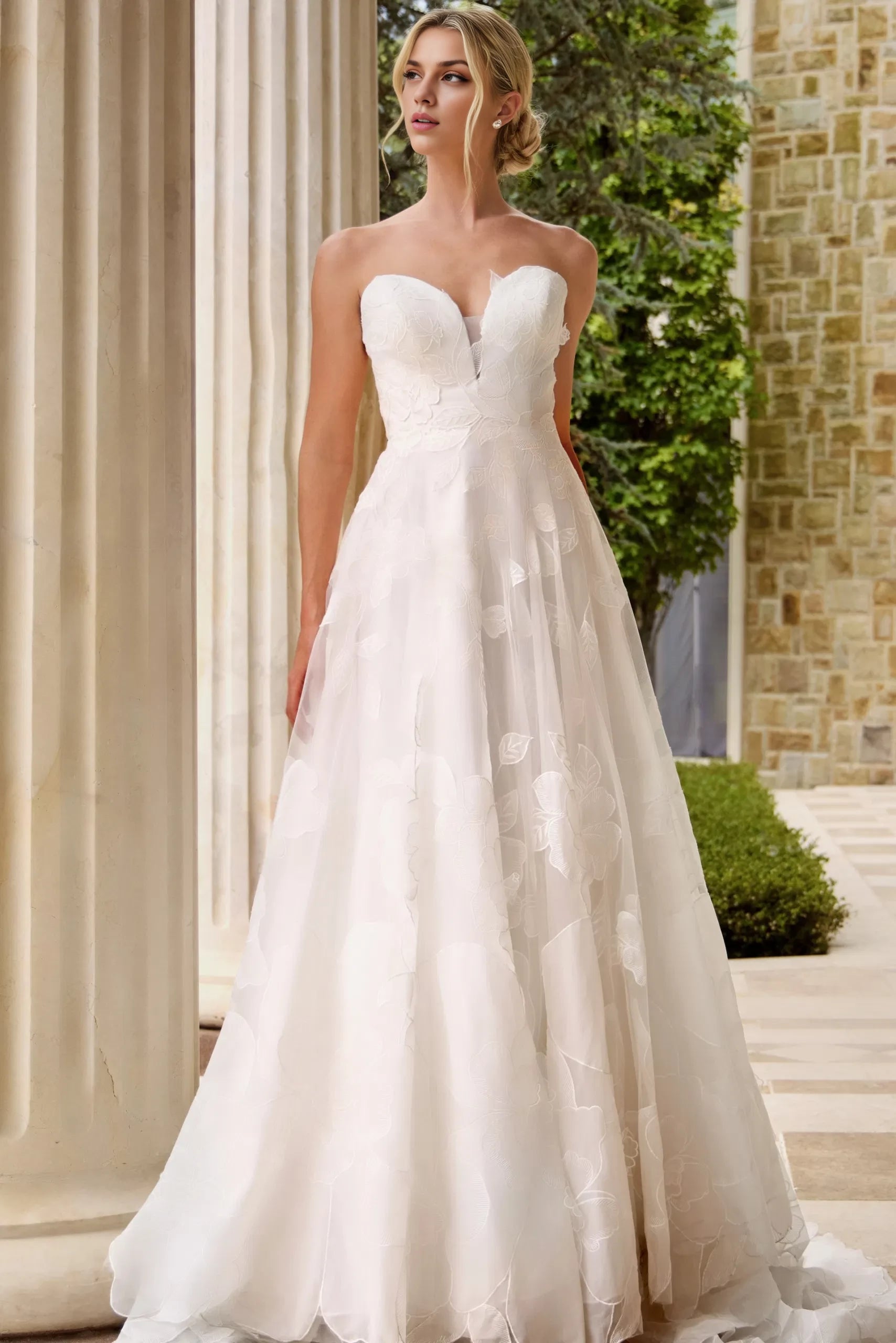 Romantic A-Line Strapless Floral-Embroidered Pearl-Button Back Train Length Wedding Dresses