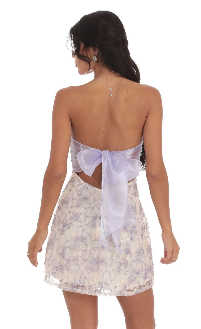 Romantic A-Line Strapless Floral-Sequin Tie-Back Short Length Homecoming Dresses