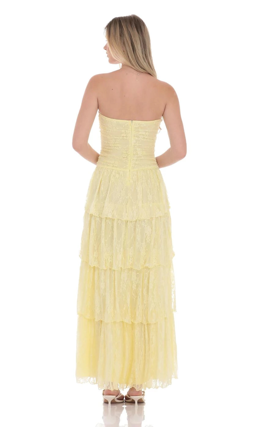 Romantic A-Line Strapless Lace Tiered Back Floor Length Prom Dresses