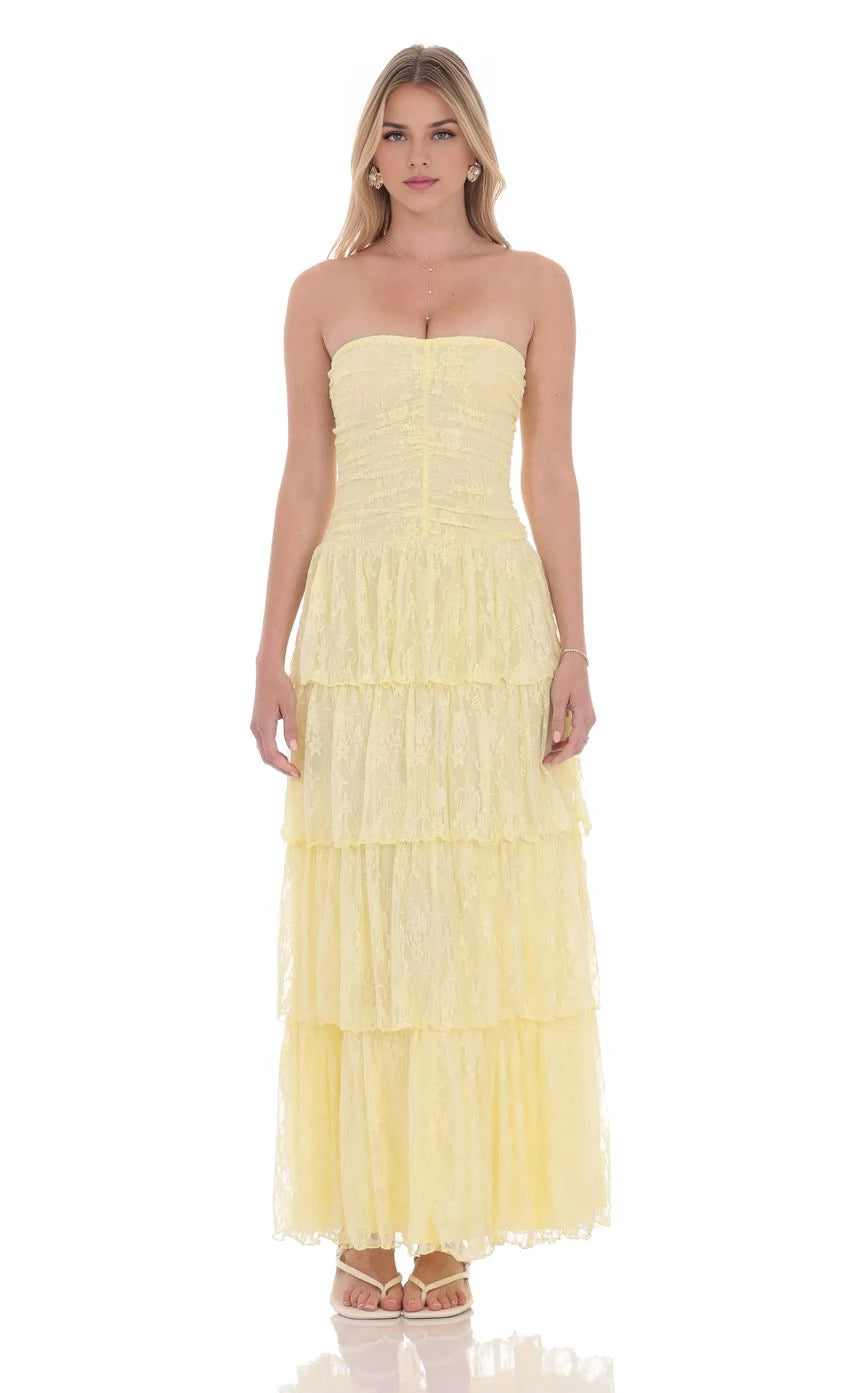 Romantic A-Line Strapless Lace Tiered Back Floor Length Prom Dresses