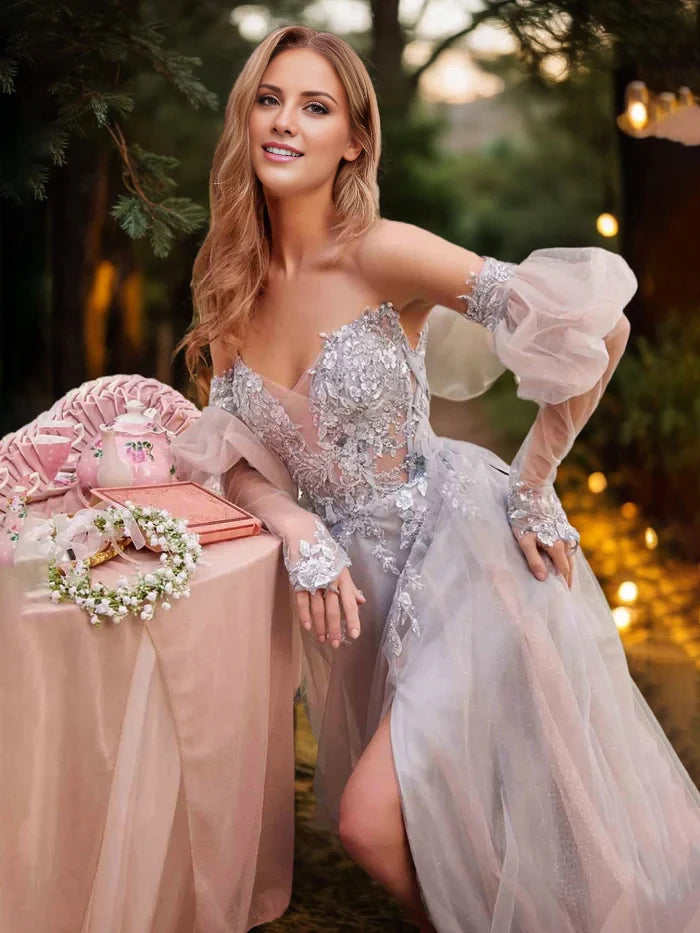 Romantic A - Line Strapless Puff Sleeve Lace Back Long Length Prom Dresses