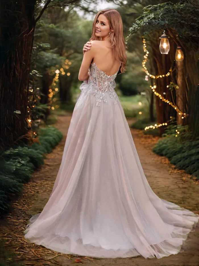 Romantic A - Line Strapless Puff Sleeve Lace Back Long Length Prom Dresses