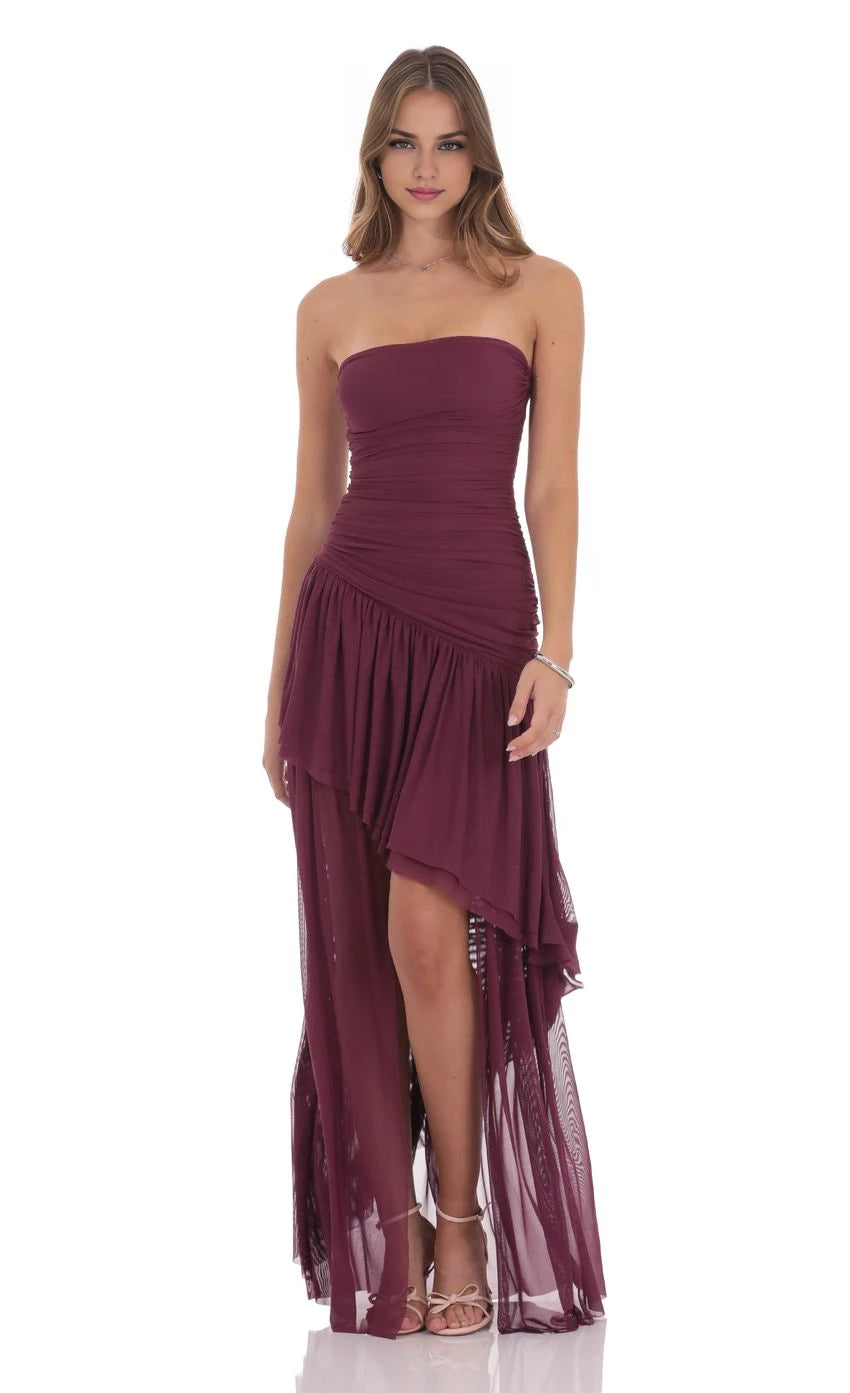 Romantic A-Line Strapless Ruched Asymmetric Floor Length Prom Dresses