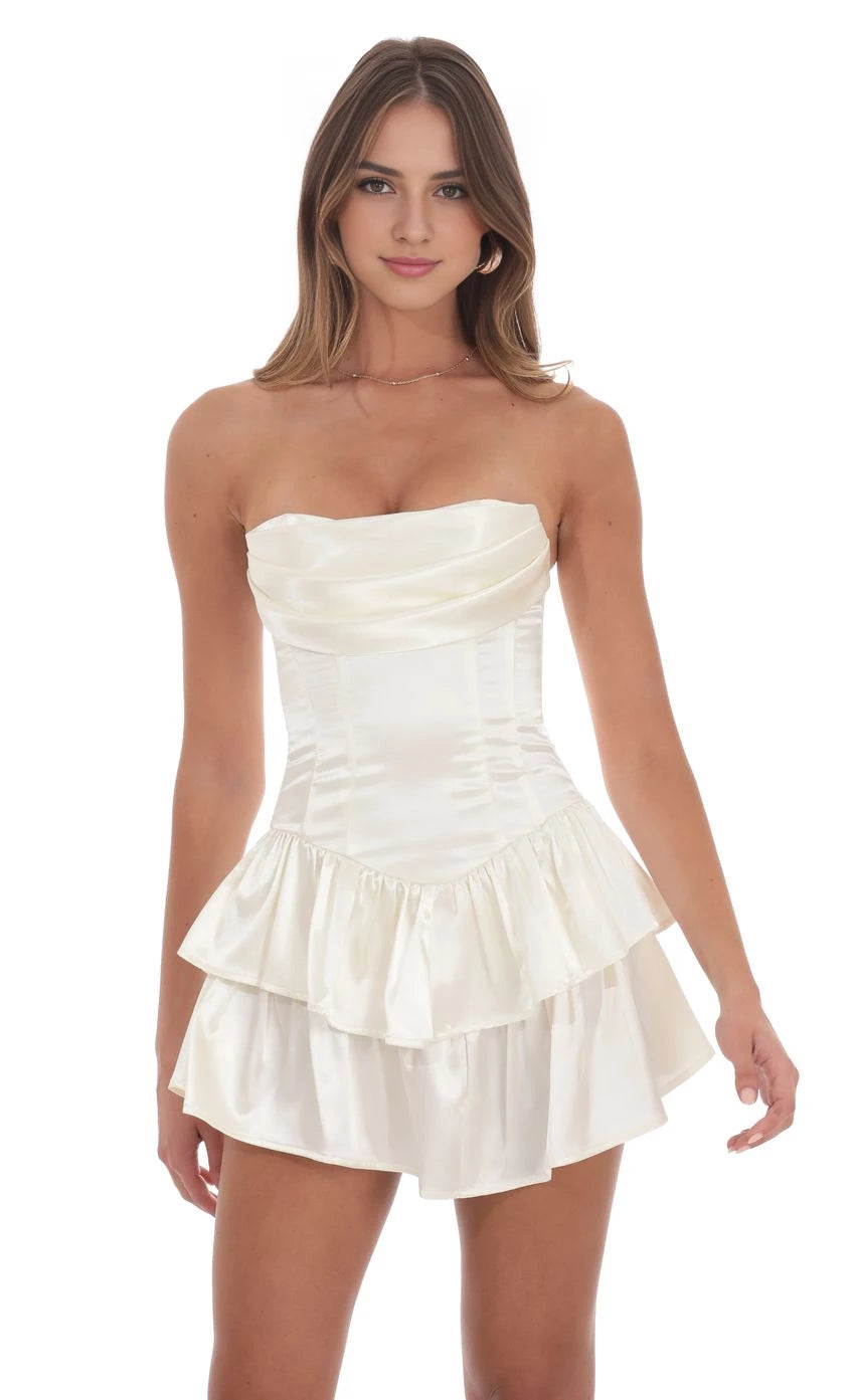 Romantic A-Line Strapless Satin-Ruffled Back-Zip Short Length Homecoming Dresses