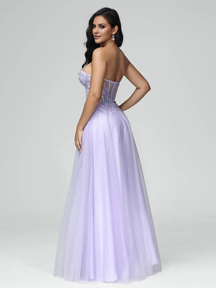 Romantic A - Line Strapless Sleeve Zipper Back Long Length Prom Dresses