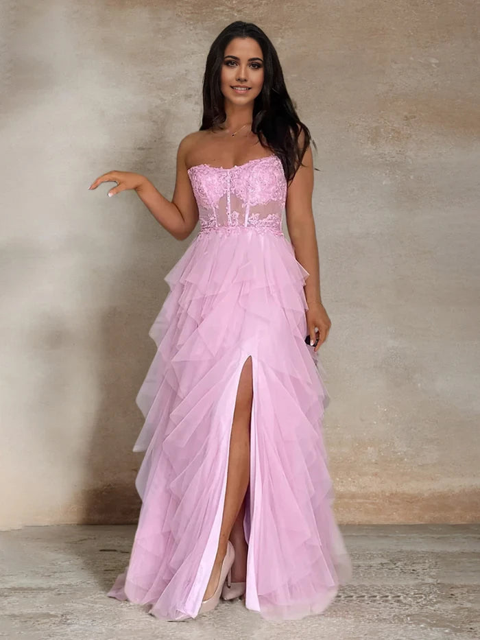 Romantic A - Line Strapless Sleeveless Lace - Up Back Long Length Prom Dresses