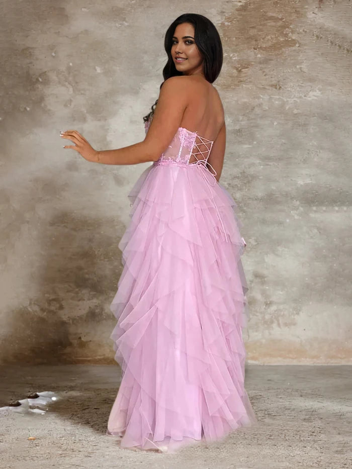 Romantic A - Line Strapless Sleeveless Lace - Up Back Long Length Prom Dresses