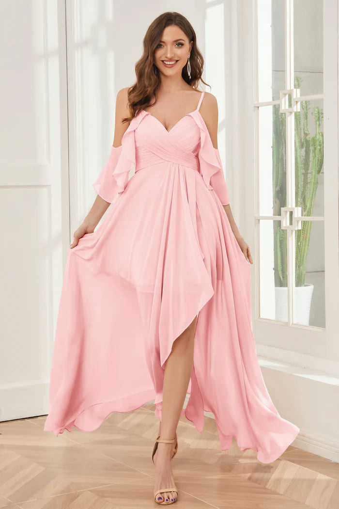 Romantic A-Line Sweetheart Cold-Shoulder Ruffle Open-Back Blush Chiffon High-Low Bridesmaid Dresses