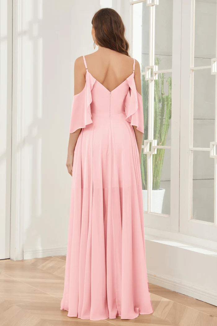Romantic A-Line Sweetheart Cold-Shoulder Ruffle Open-Back Blush Chiffon High-Low Bridesmaid Dresses