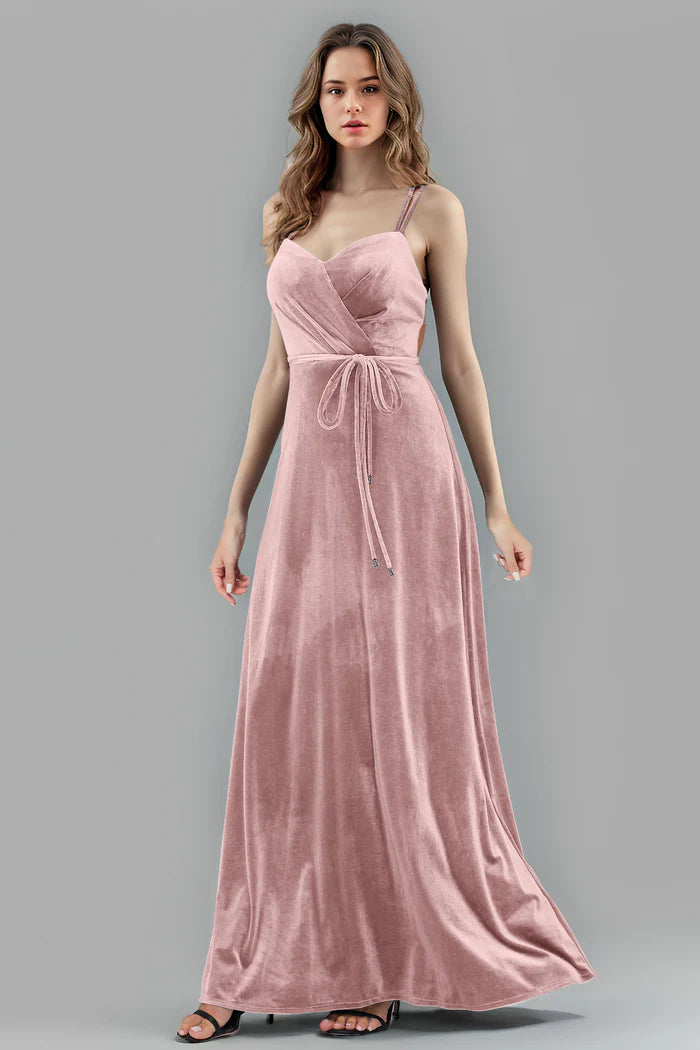 Romantic A-Line Sweetheart Cross-Strap Open-Back Tie-Waist Floor-Length Bridesmaid Dresses