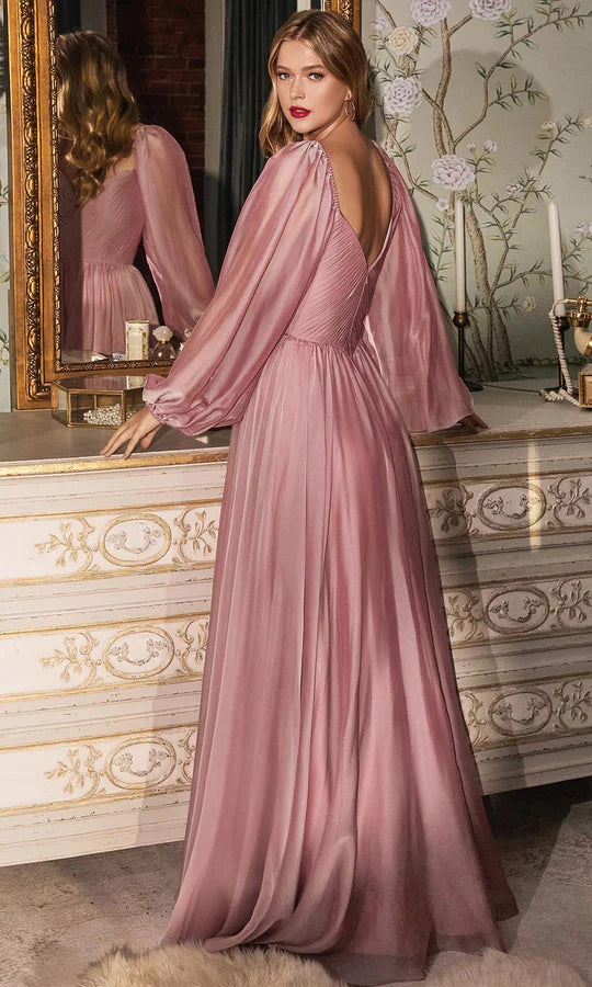 Romantic A-Line Sweetheart-Neck Puff-Sleeve Open-Back Blush Pleated-Chiffon Floor-Length Mother of the Bride Dresses