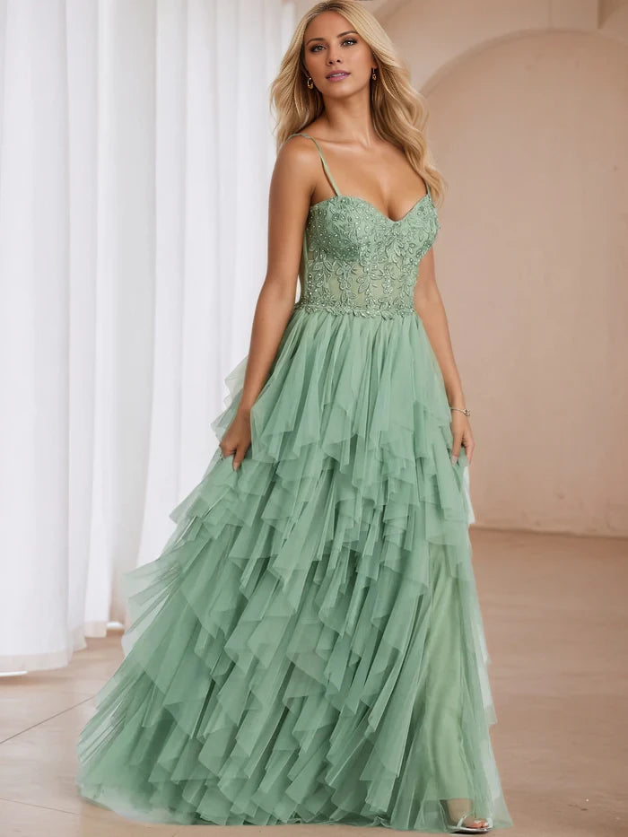 Romantic A - Line Sweetheart Neck Spaghetti Strap Open Back Long Length Prom Dresses