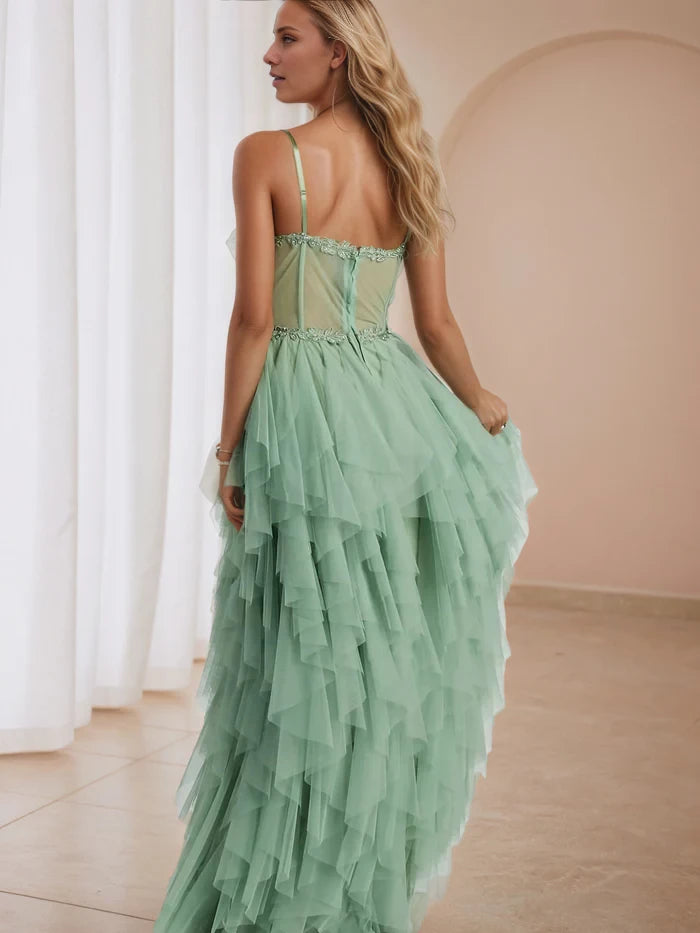 Romantic A - Line Sweetheart Neck Spaghetti Strap Open Back Long Length Prom Dresses