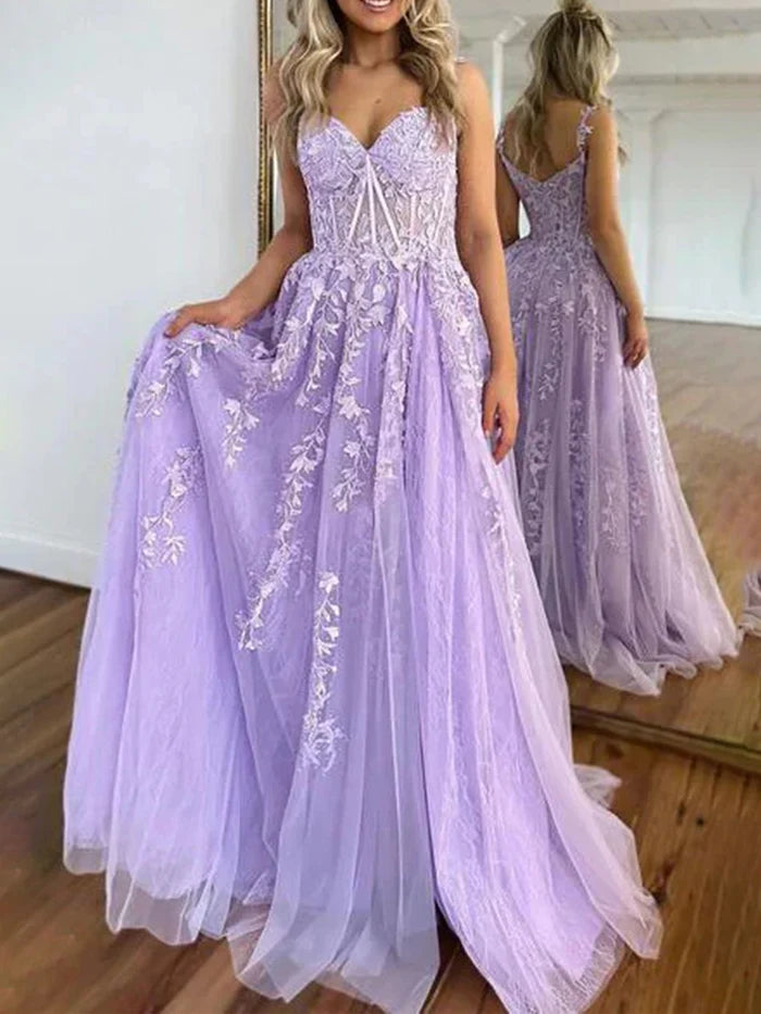 Romantic A - Line Sweetheart Spaghetti Strap Lace - Up Back Long Length Prom Dresses