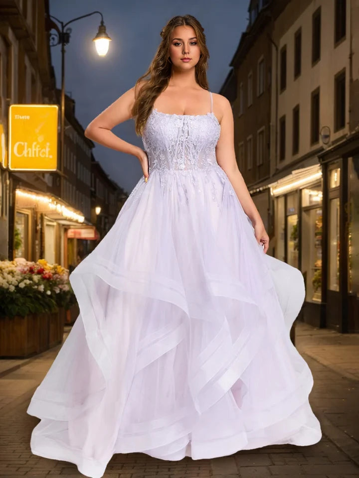 Plus Size Romantic A - Line Sweetheart Spaghetti Strap Lace - Up Back Long Length Prom Dresses
