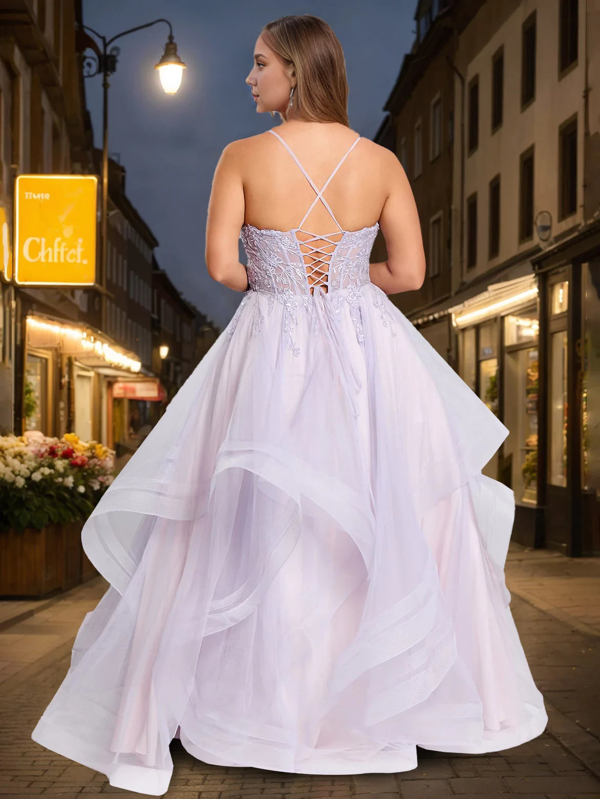 Plus Size Romantic A - Line Sweetheart Spaghetti Strap Lace - Up Back Long Length Prom Dresses