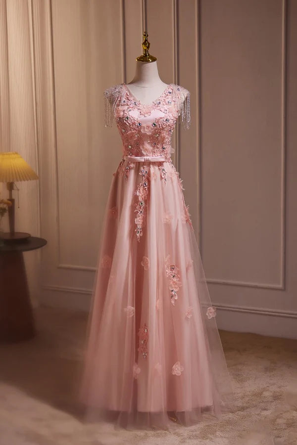 Romantic A-Line V-Neck 3D-Floral Fringe-Sleeve Zipper-Back Floor-Length Evening Dresses