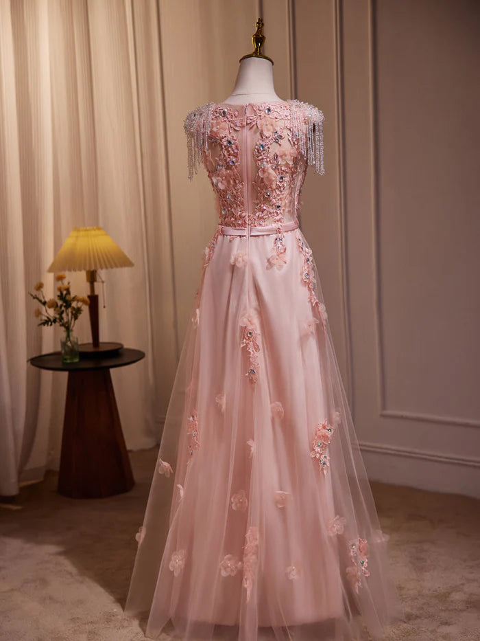 Romantic A-Line V-Neck 3D-Floral Fringe-Sleeve Zipper-Back Floor-Length Evening Dresses