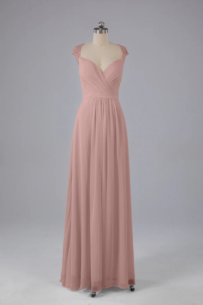 Romantic A-Line V-Neck Lace Cap-Sleeve Keyhole-Back Floor-Length Bridesmaid Dresses
