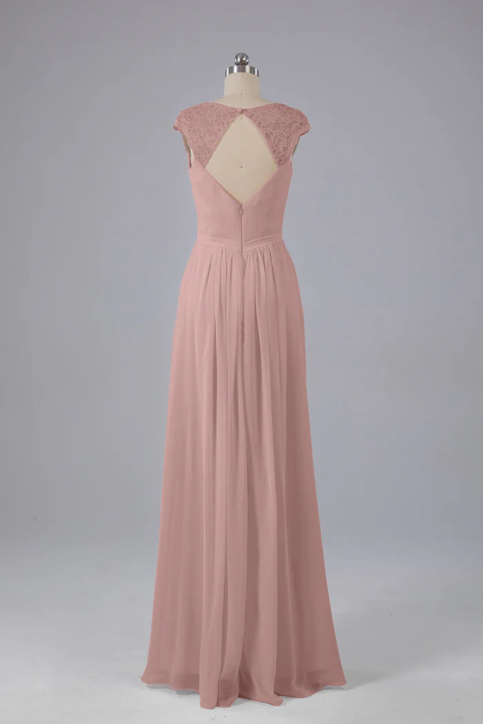 Romantic A-Line V-Neck Lace Cap-Sleeve Keyhole-Back Floor-Length Bridesmaid Dresses