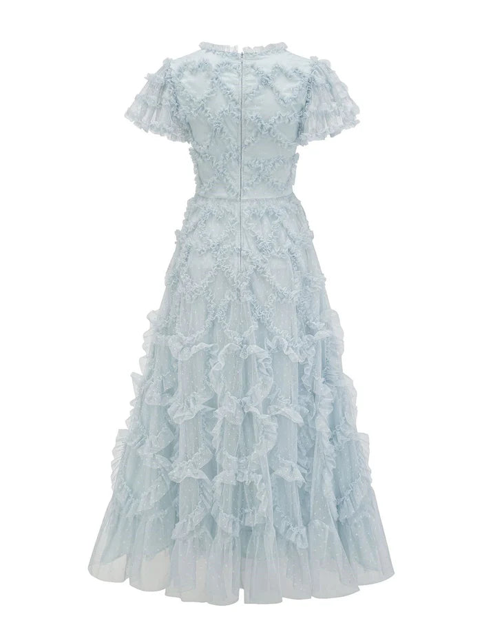 Romantic A - Line V - Neck Short Sleeve Zipper Back Midi Length Prom Dresses