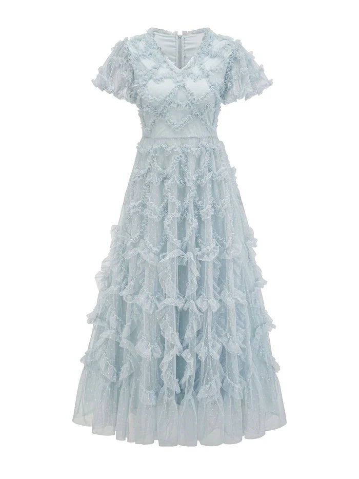 Romantic A - Line V - Neck Short Sleeve Zipper Back Midi Length Prom Dresses