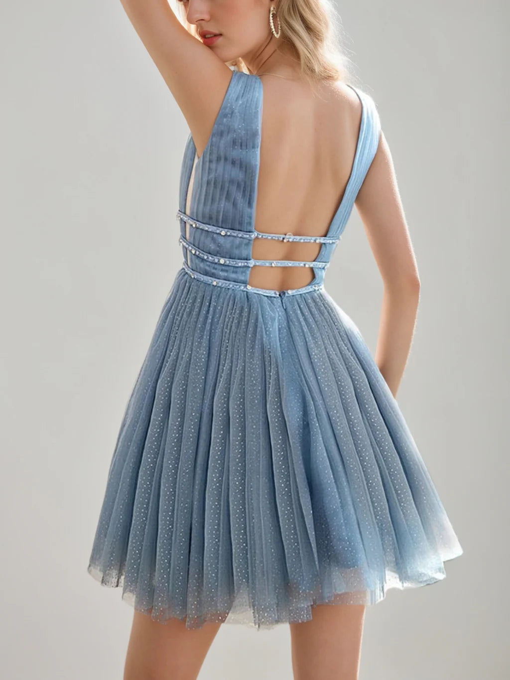 Romantic A - Line V - Neck Sleeveless Cut - Out Back Mini Length Homecoming Dresses
