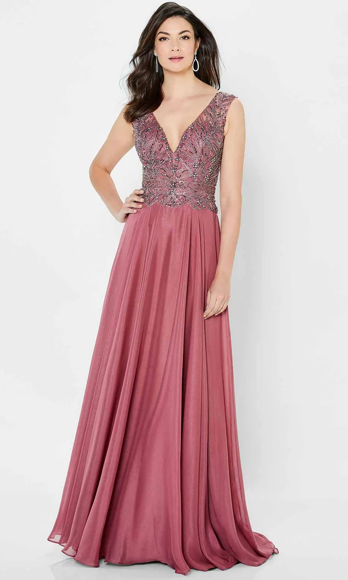 Romantic A-Line V-Neck Sleeveless-Zip-Back Mauve Chiffon Beaded Floor-Length Mother of the Bride Dresses