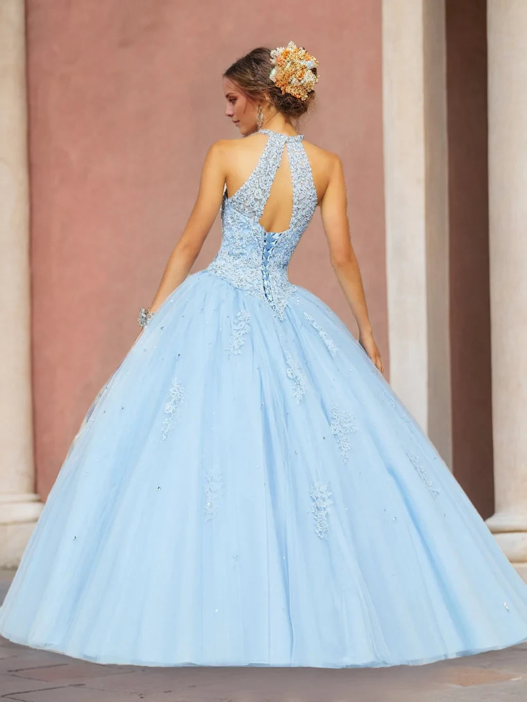 Romantic Ball Gown Halter Sleeveless Lace - Up Back Long Length Evening Dresses