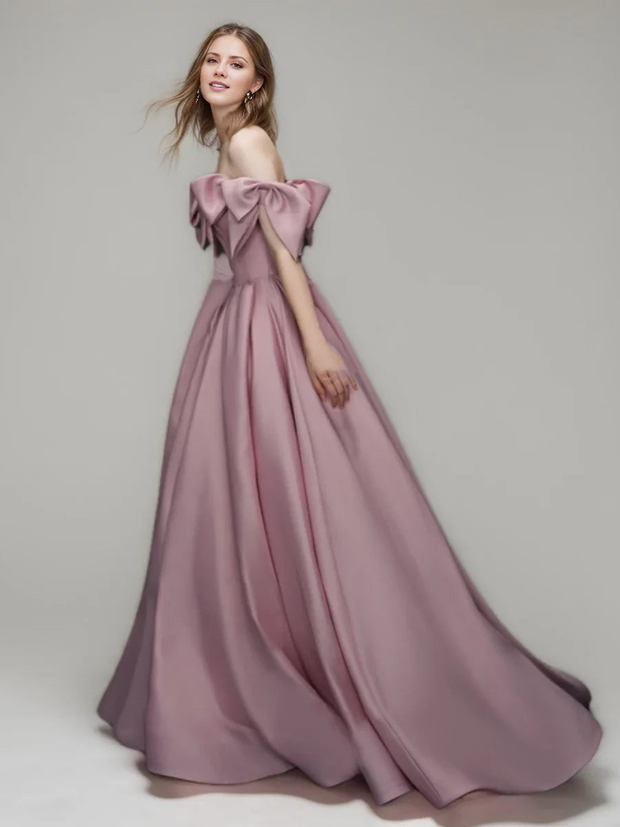 Romantic Ball Gown Off - Shoulder Bow - Decorated Open Back Long Length Prom Dresses