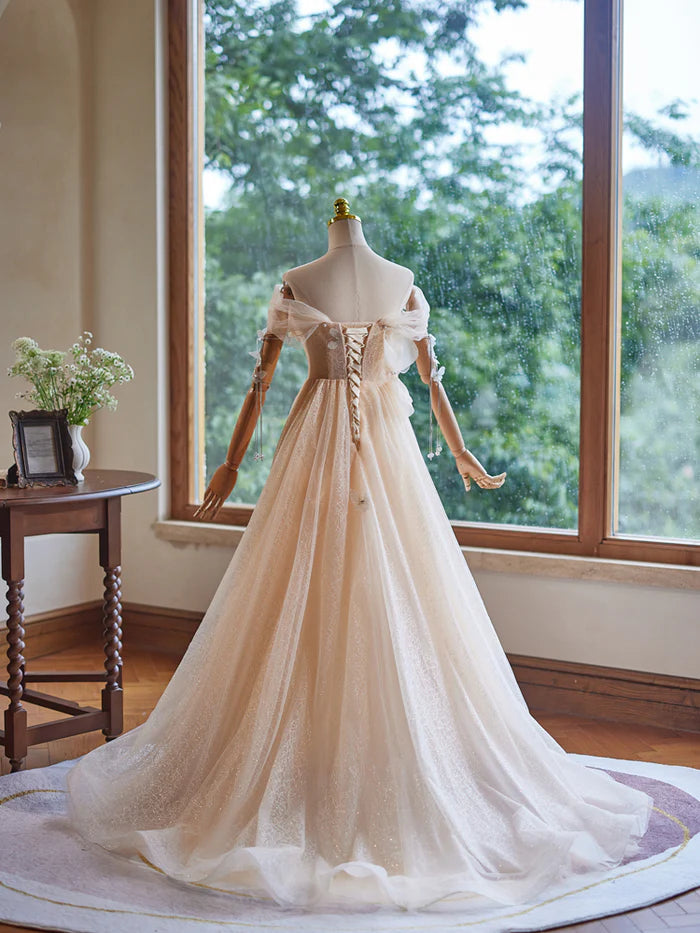 Romantic Ball Gown Off - Shoulder Puff Sleeve Lace - Up Back Long Length Quinceanera Dresses