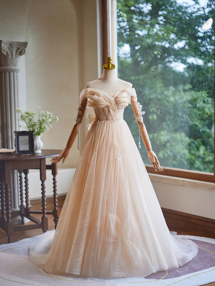 Romantic Ball Gown Off - Shoulder Puff Sleeve Lace - Up Back Long Length Quinceanera Dresses