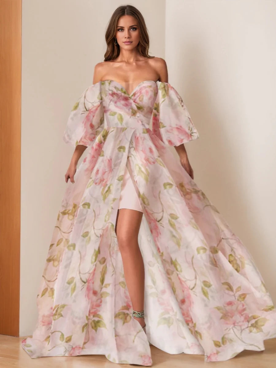 Romantic Ball Gown Off - Shoulder Puff Sleeve Zipper Back Long Length Prom Dresses
